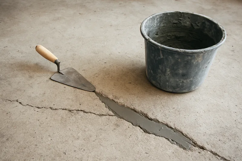A filled crack in a concrete floor with a trowel and bucket beside it — floor repair and recoating, Bendigo. Illustrative example.