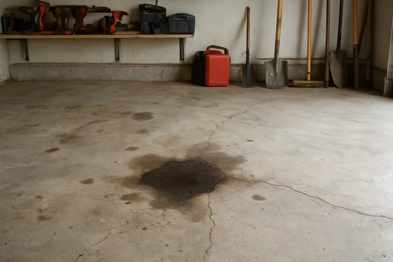 A bare concrete garage floor with oil stains and hairline cracks — garage floor coating, Bendigo. Illustrative example.